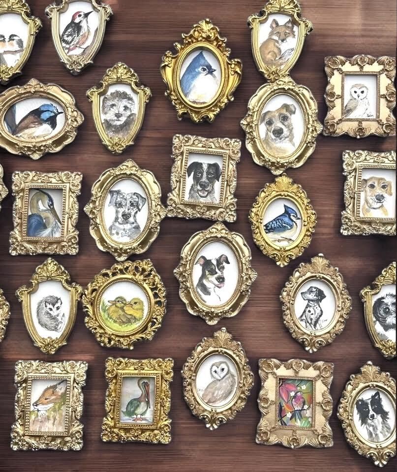 mini paintings & prints of birds & animals, vintage style ornate frame, mini art