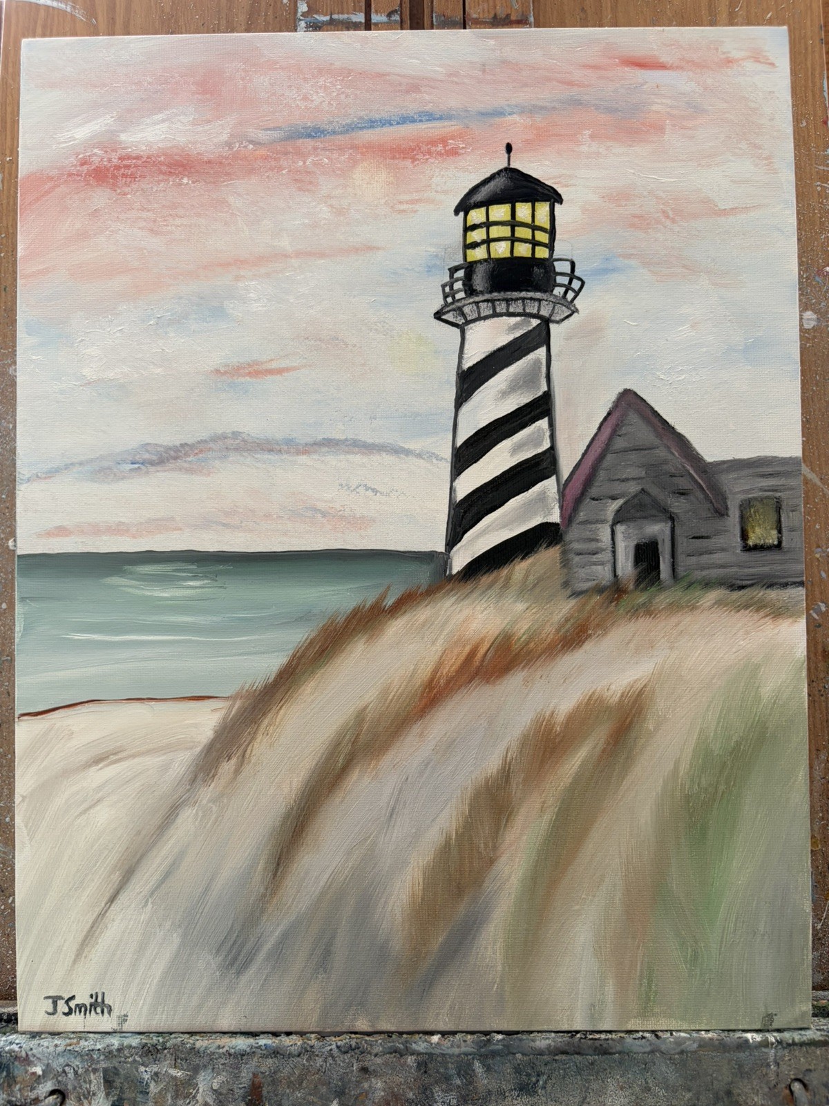 Original oil painting 11 x 14 inch lighthouse over the ocean