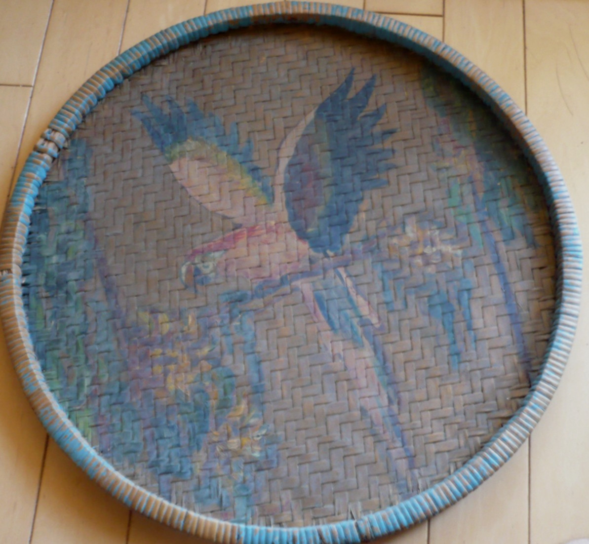 MARGARET FORRESTER, EARLY CALIFORNIA CA RARE PARROT OIL ON WOVEN BASKET WICKER