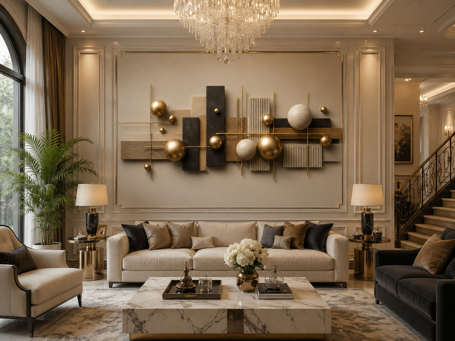 Original Hand Painted Abstract Geometric Canvas Art Gold Sphere Wall Decor 36×72