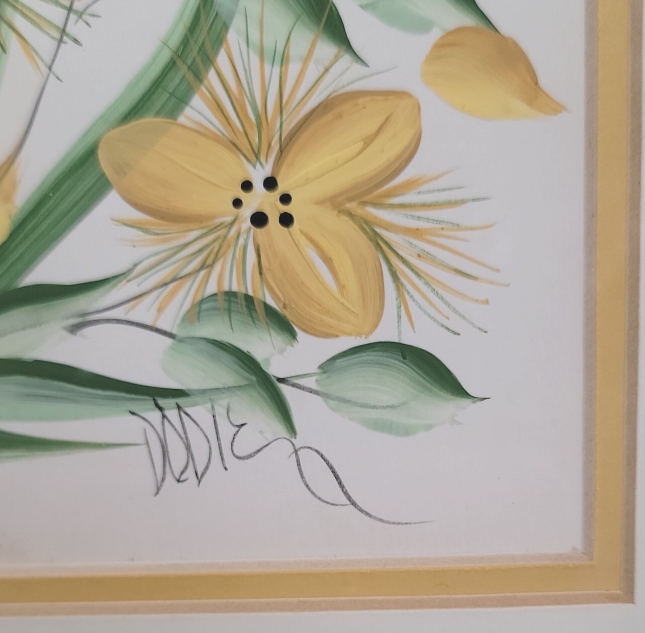 Framed Matted Original Artwork Acrylic Paint On Paper Yellow Flowers Signed