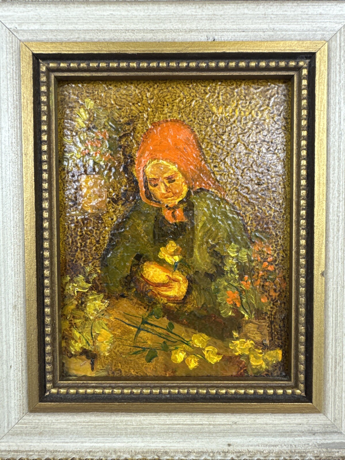 Ruth Vamos Oil Painting Old Woman With Flowers 5×4 Inches