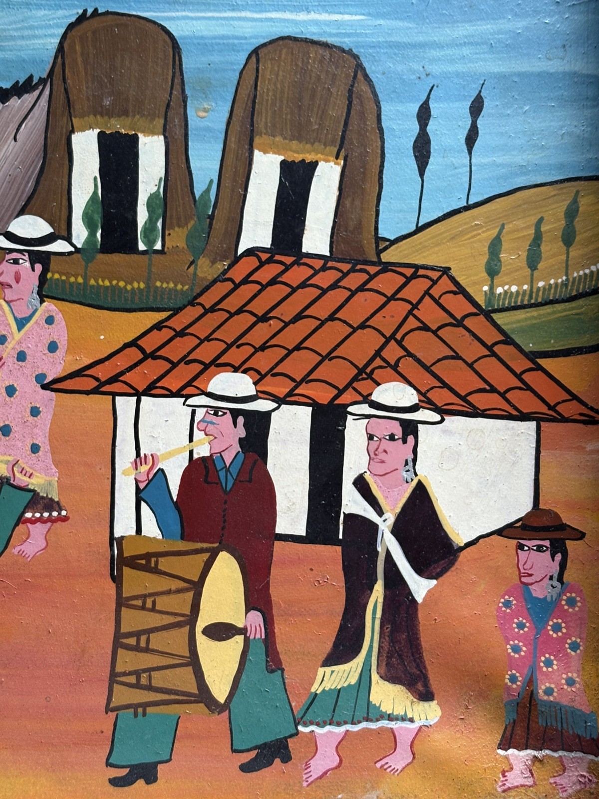 Vtg Hand Painted Peruvian Folk Art On Animal Hide Signed & Framed Original