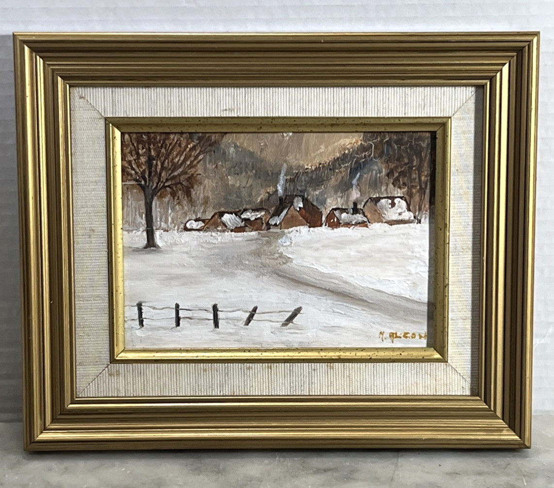 Framed Oil Painting Winter Snow Ice Scene Signed M. Alcon 10.5”x 9”