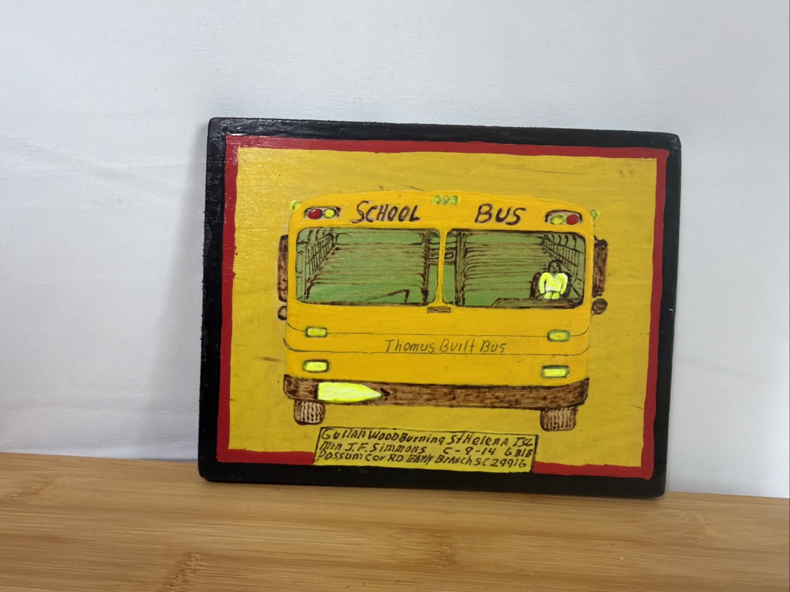 Gullah Folk Art Woodburning Painting Rev. J.F. Simmons “School Bus” Signed