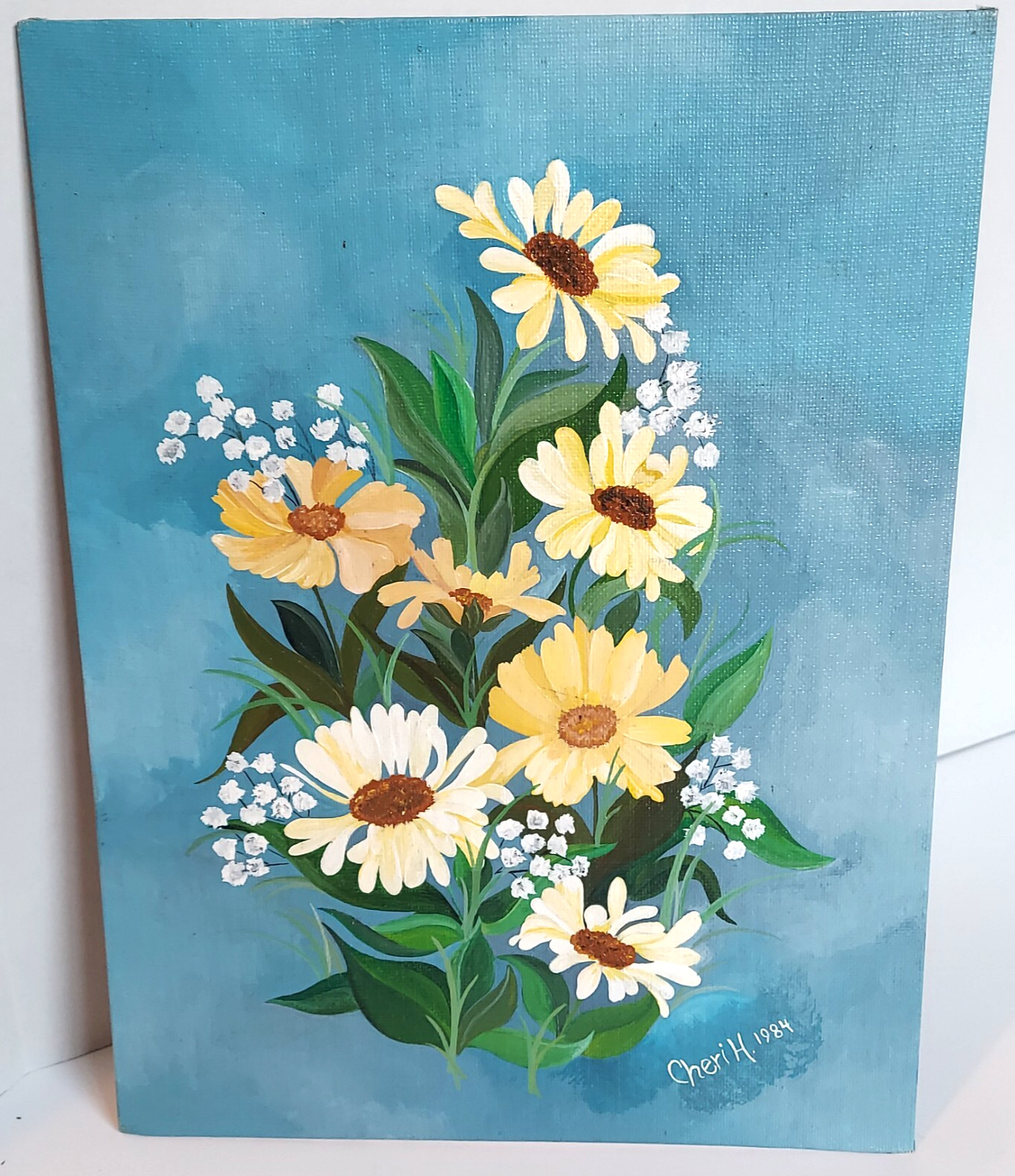 Vintage 1981 Original oil painting Daisies on a blue background 9×12″