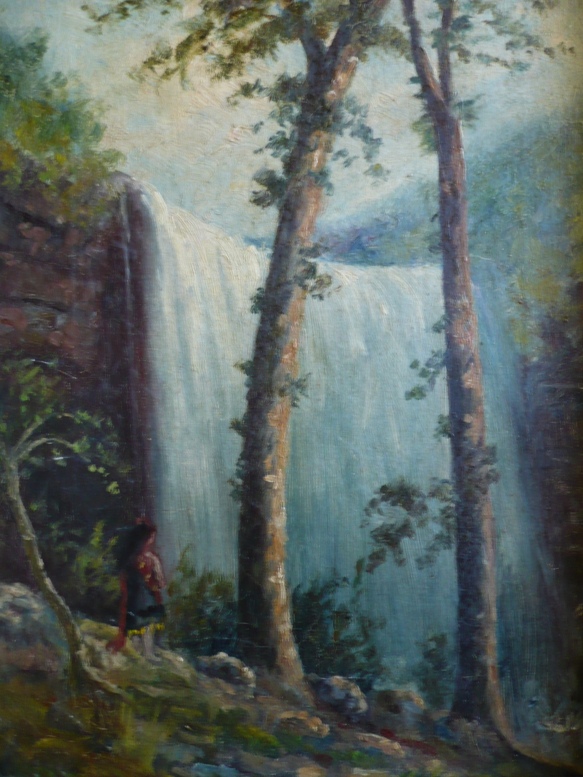 MINA BOEHM METZGER, NEW YORK IMPRESSIONIST OLD ANTIQUE, FOREST NATURE WATERFALL