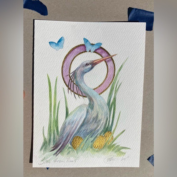 Original Painting Blue Heron Art Nest Surreal Butterflies Nouveau artettina USA