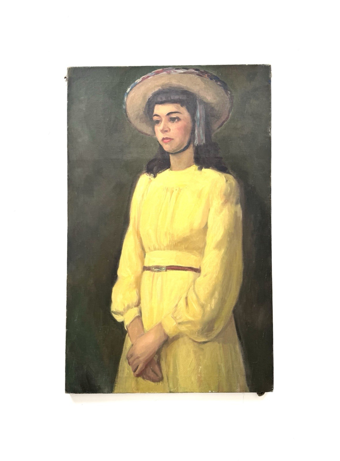 Vintage Large Portrait Painting of Woman Girl in Hat and Yellow Dress 35×22