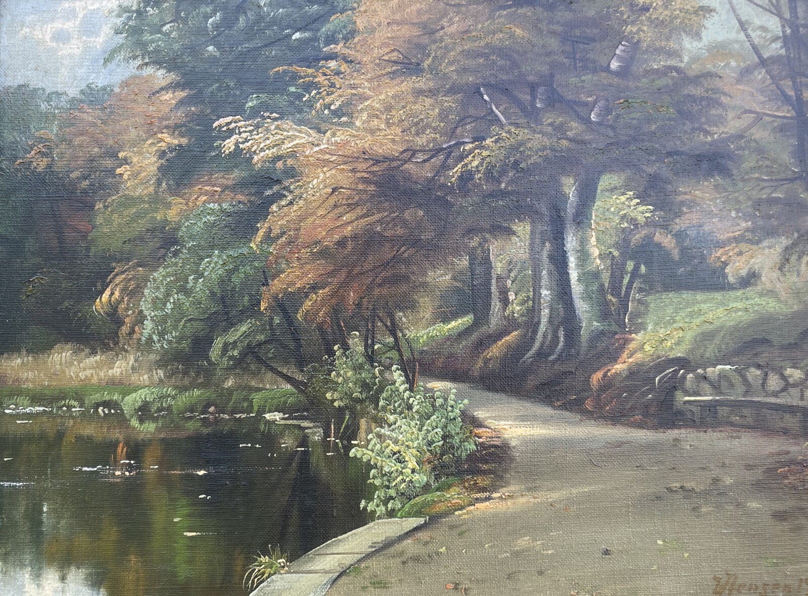 Impressionist Autumn Park Landscape Deciduous Trees Lake Bank Oil Painting 1936