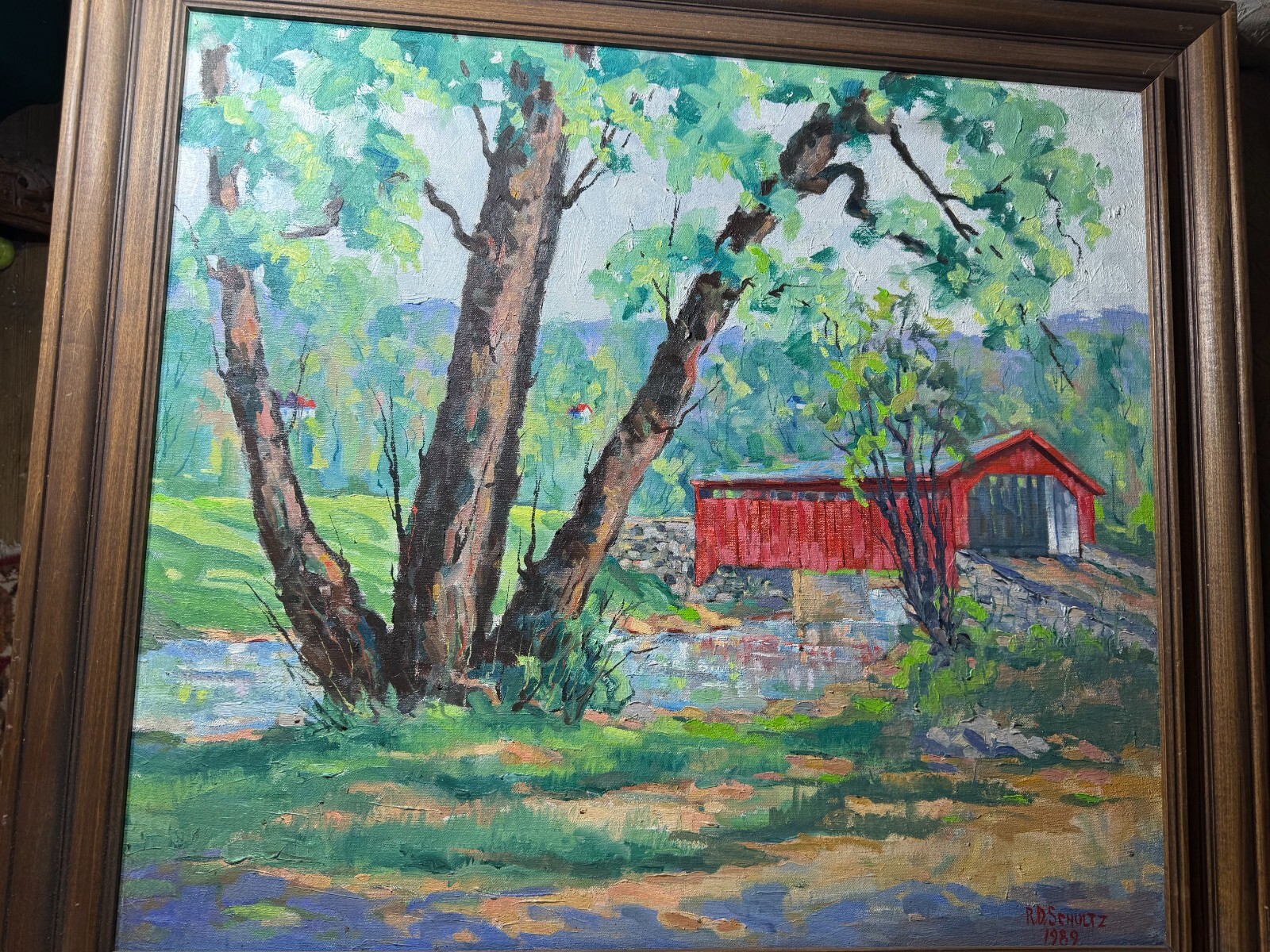 Richard D. Schultz (1915 – 2007) «Bogert’s Covered Bridge, Lehigh» Oil Painting