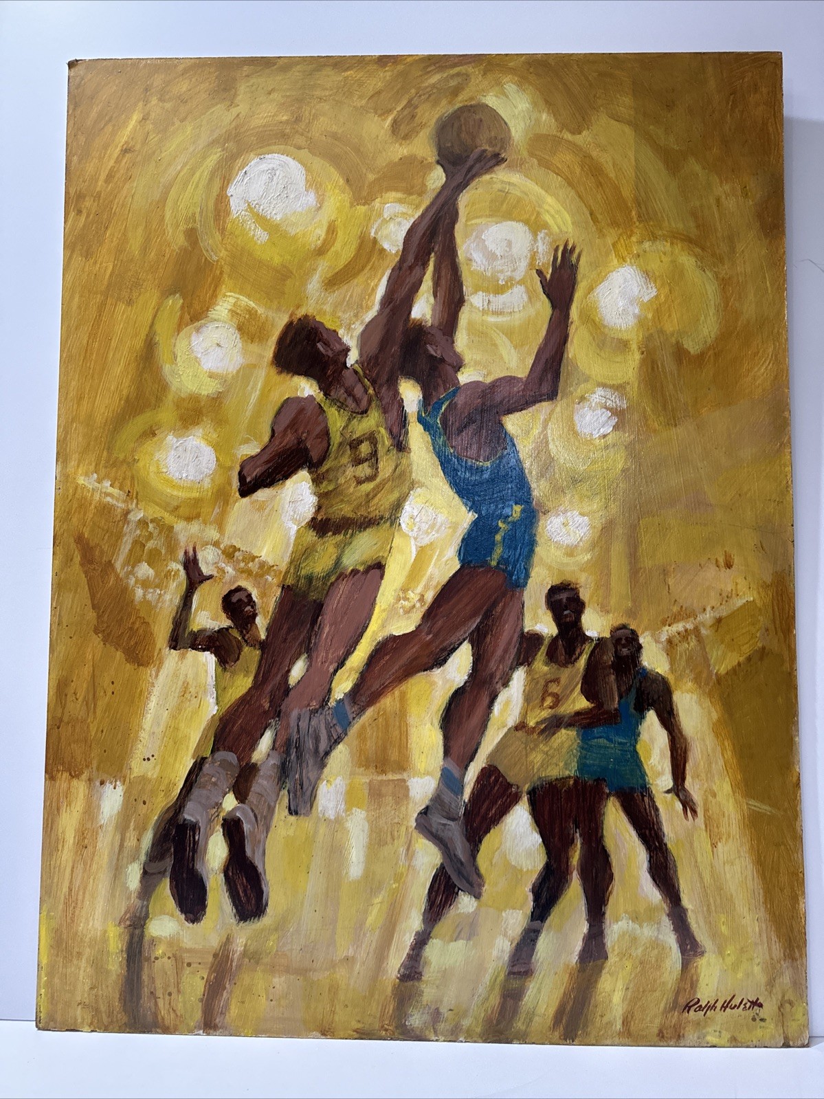 RALPH HULETT PAINTING BASKETBALL GAME PLAYERS VINTAGE LISTED FAMOUS SPORTS LARGE