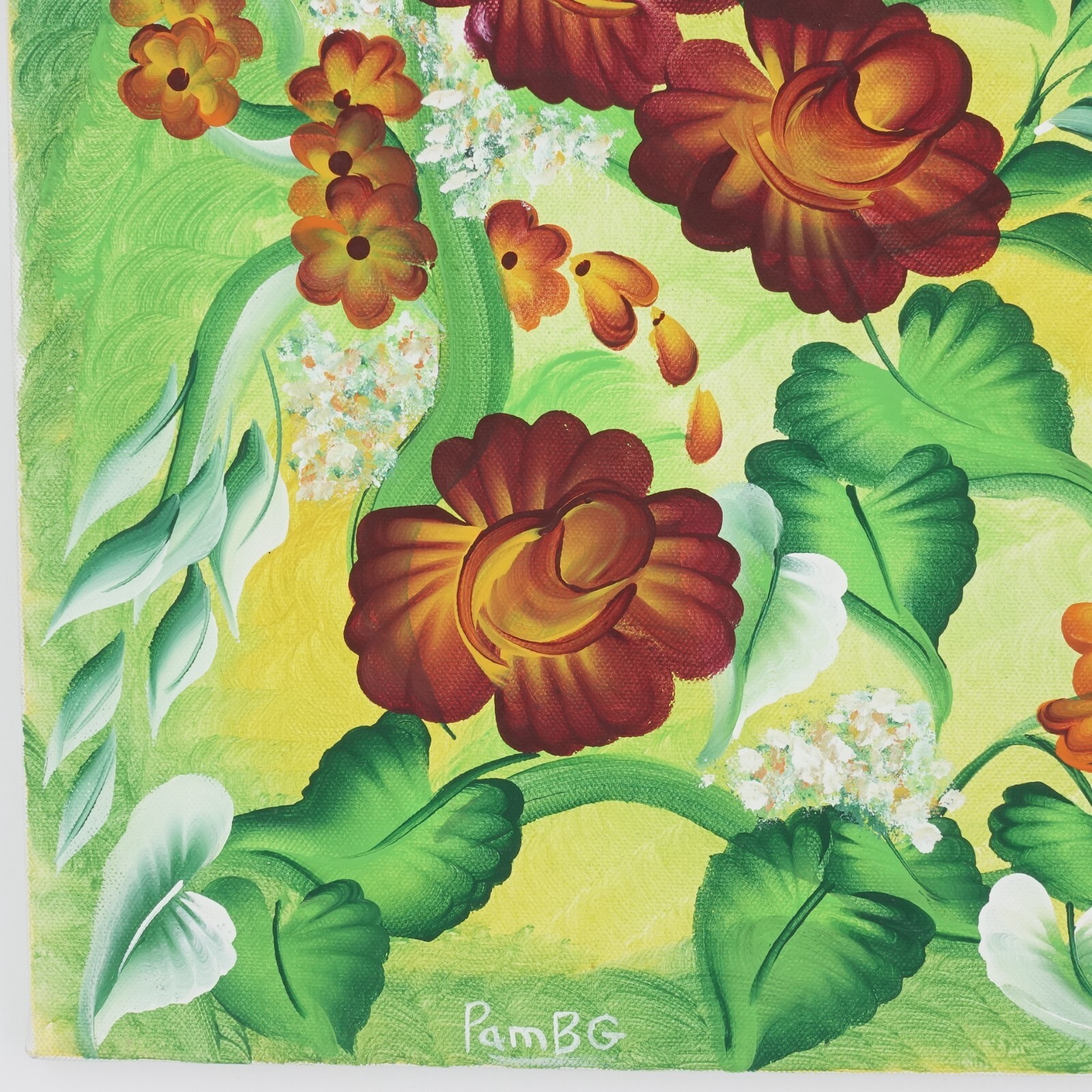 Original Floral Art Work on Canvas Green and Orange Tropical Signed Pam BG 20×16