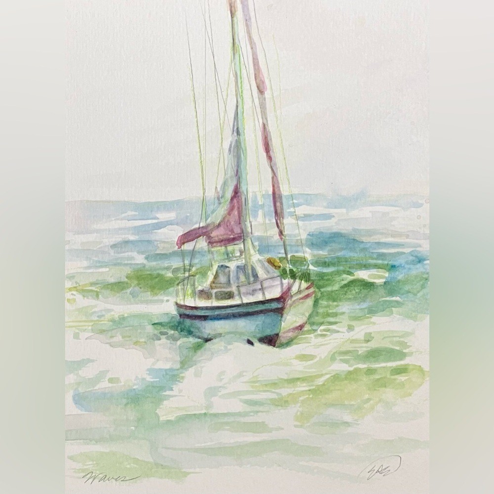 original Sailboat Realism Painting watercolor Wave Art ocean storm boating USA