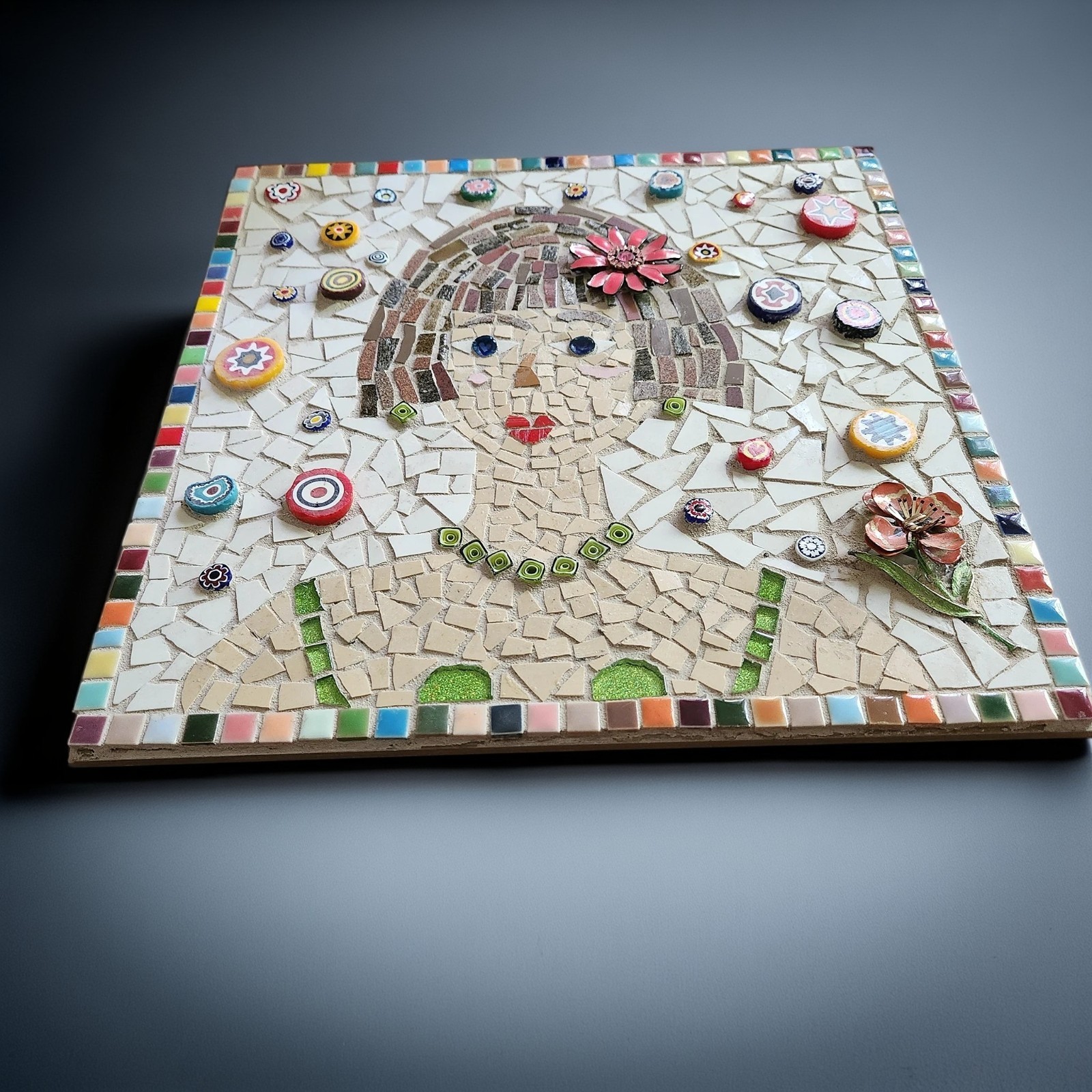 13×13″ Handmade Mosaic Portrait Wall Art, Colorful Folk Art Woman Tile Panel