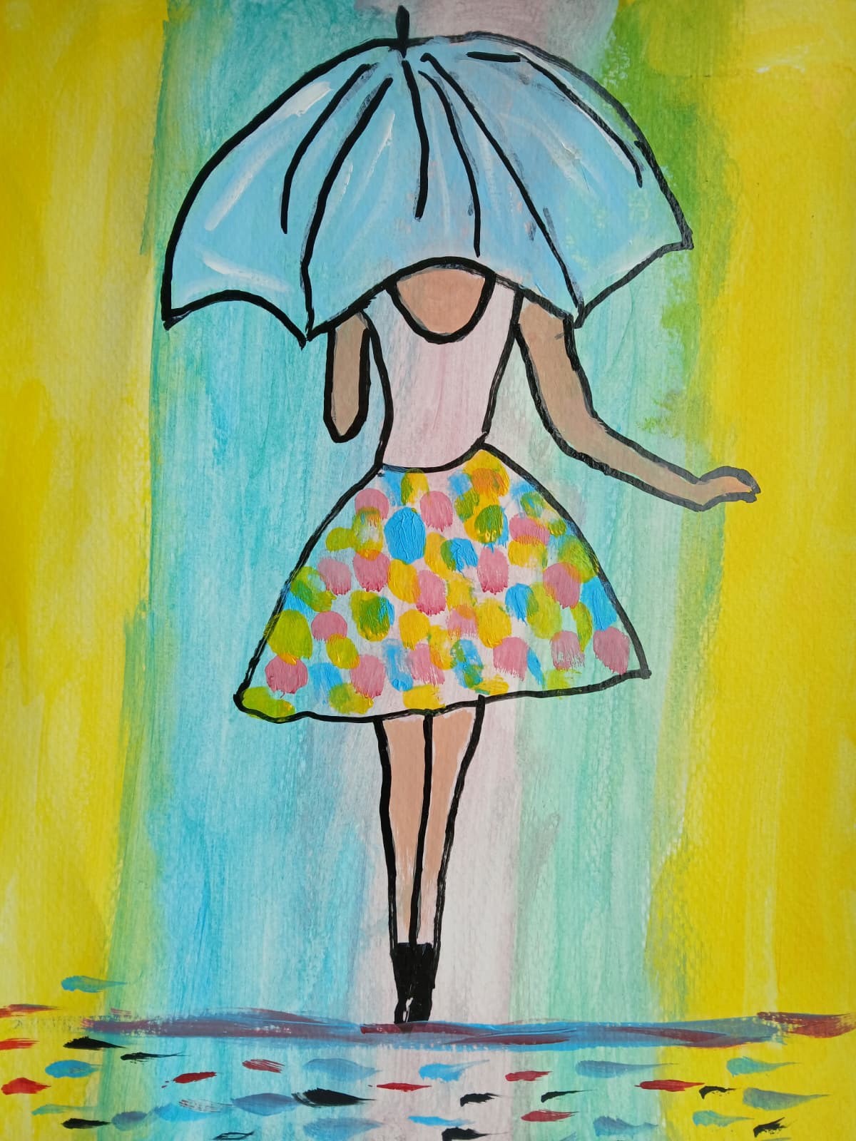 Abstract/Expressionism 11×14 Walking In The Rain Colorful Street Art Painting
