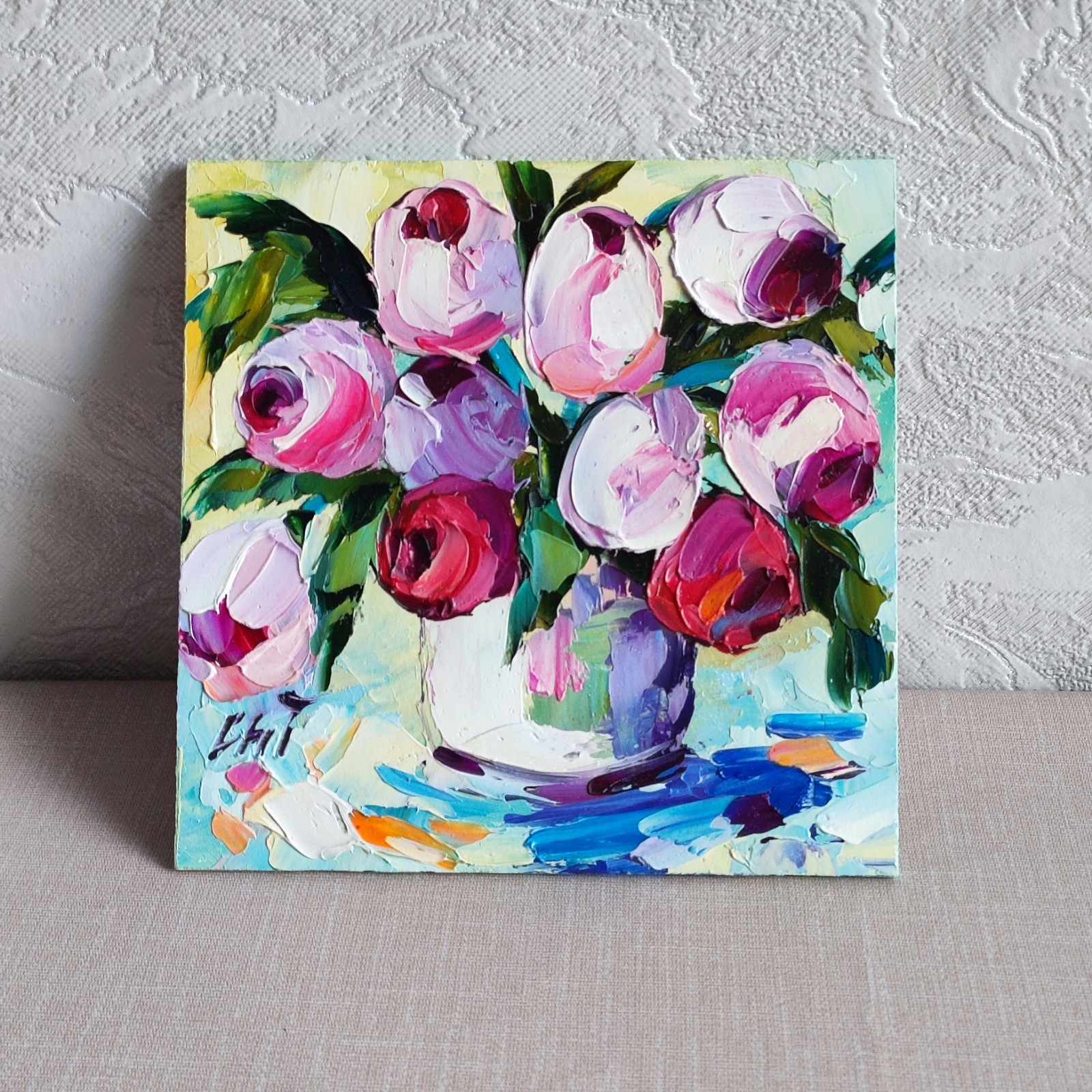 original oil painting Tulips Colorful Flowers artwork Floral wall art 6*6 in