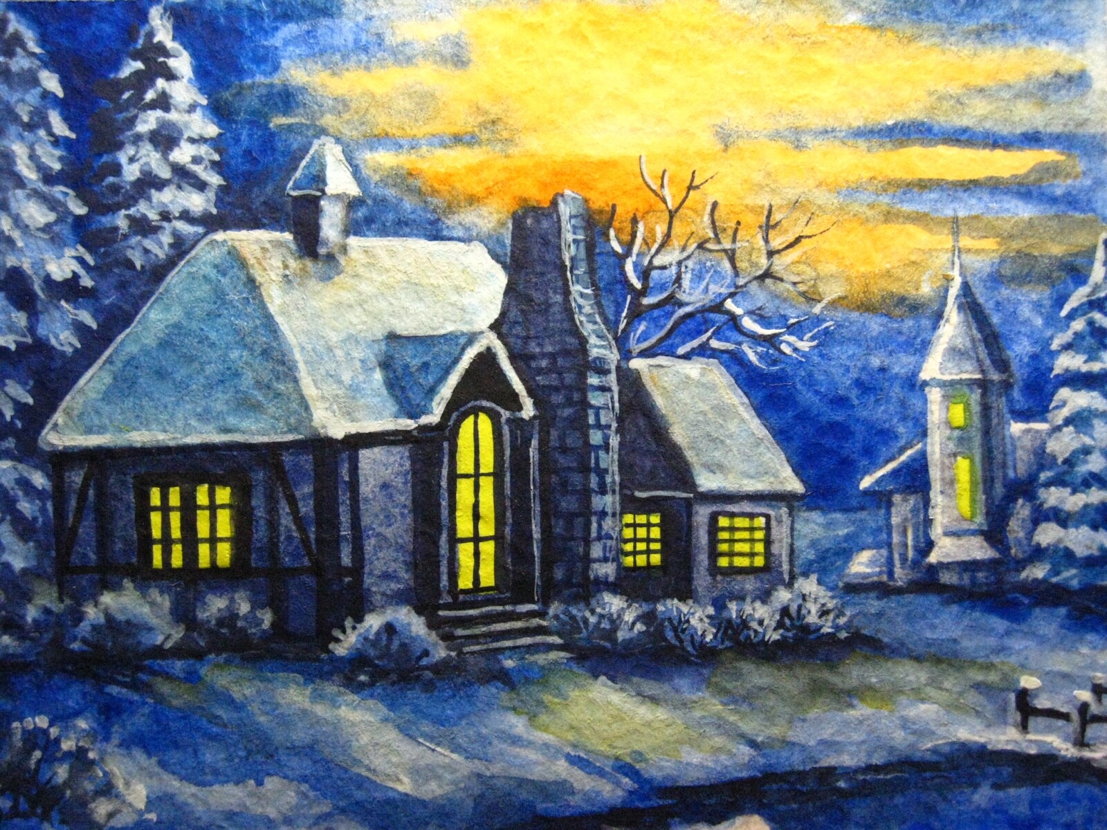 Watercolor Painting Winter Snow Nature House Sunset Country ACEO Art