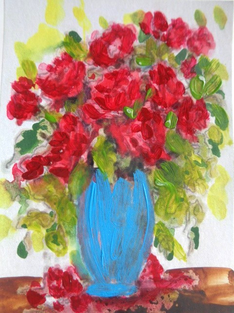 ACEO Big RED ROSES FLOWERS IN VASE Still Life Painting ART