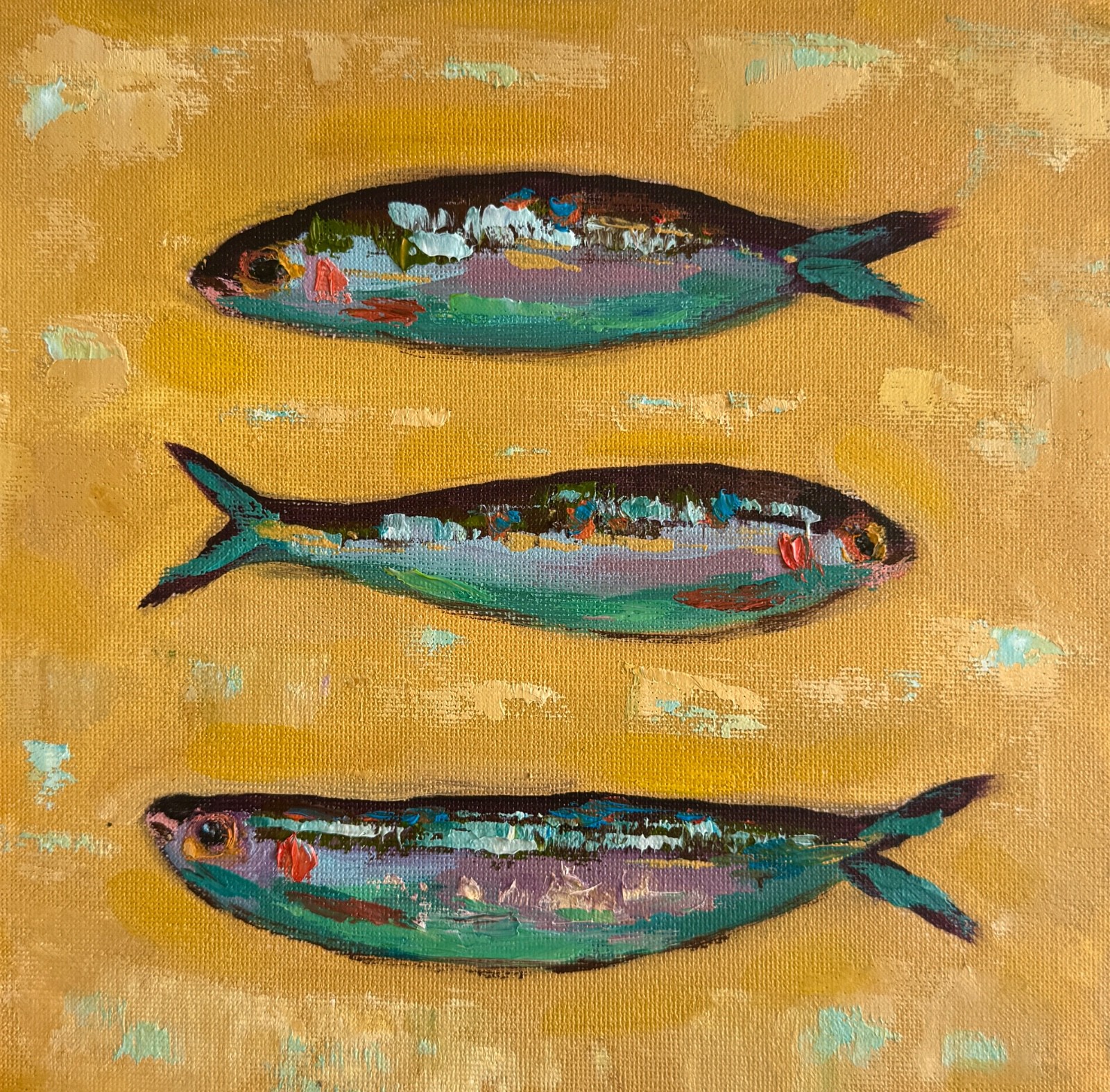 Original Fish Oil Painting Sardine Food Still Life Kitchen art VICTORIA MAC 8X8”