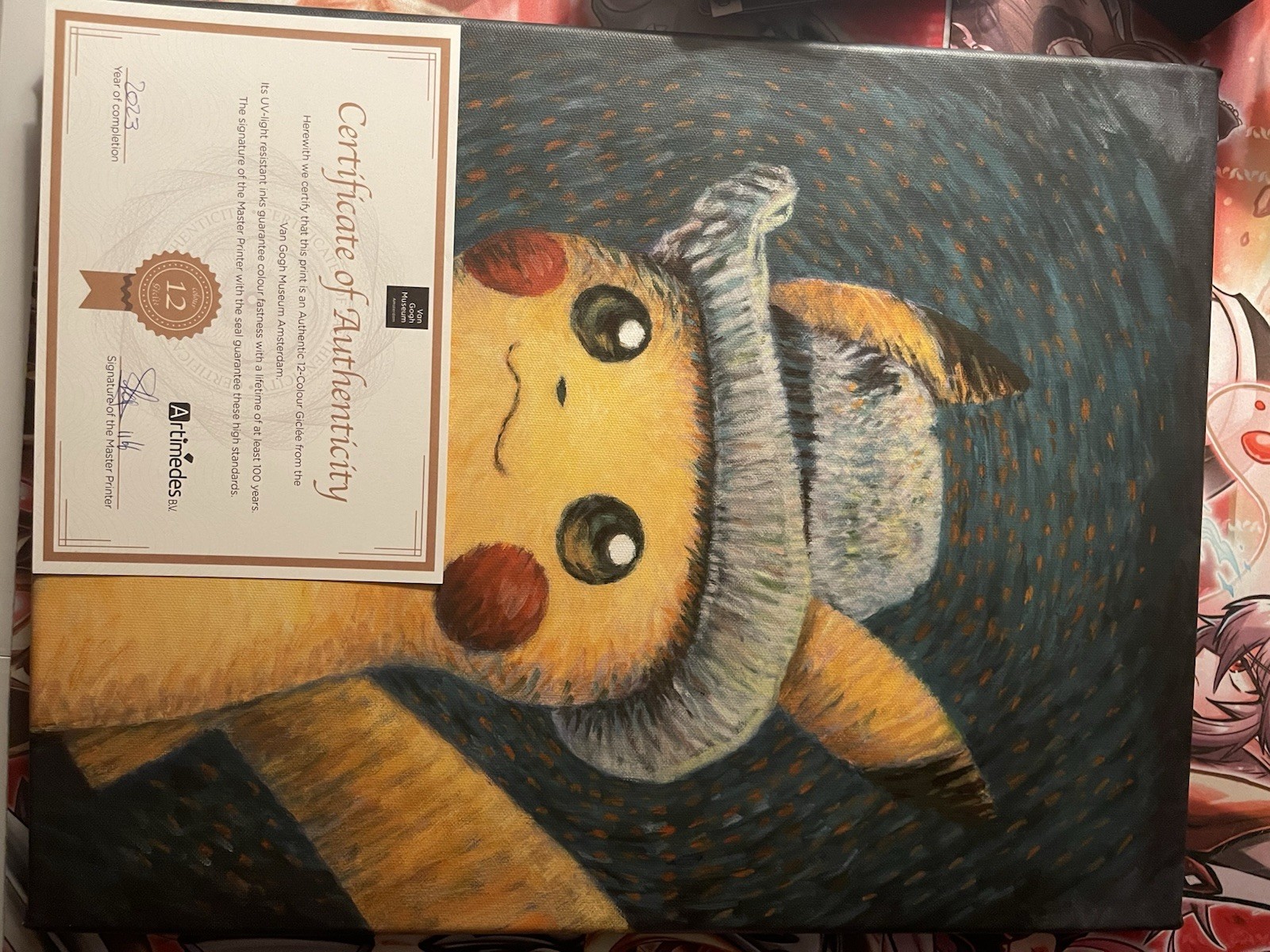 Sealed pikachu with grey felt hat with plushy and van Gogh PikachuCanvasPainting
