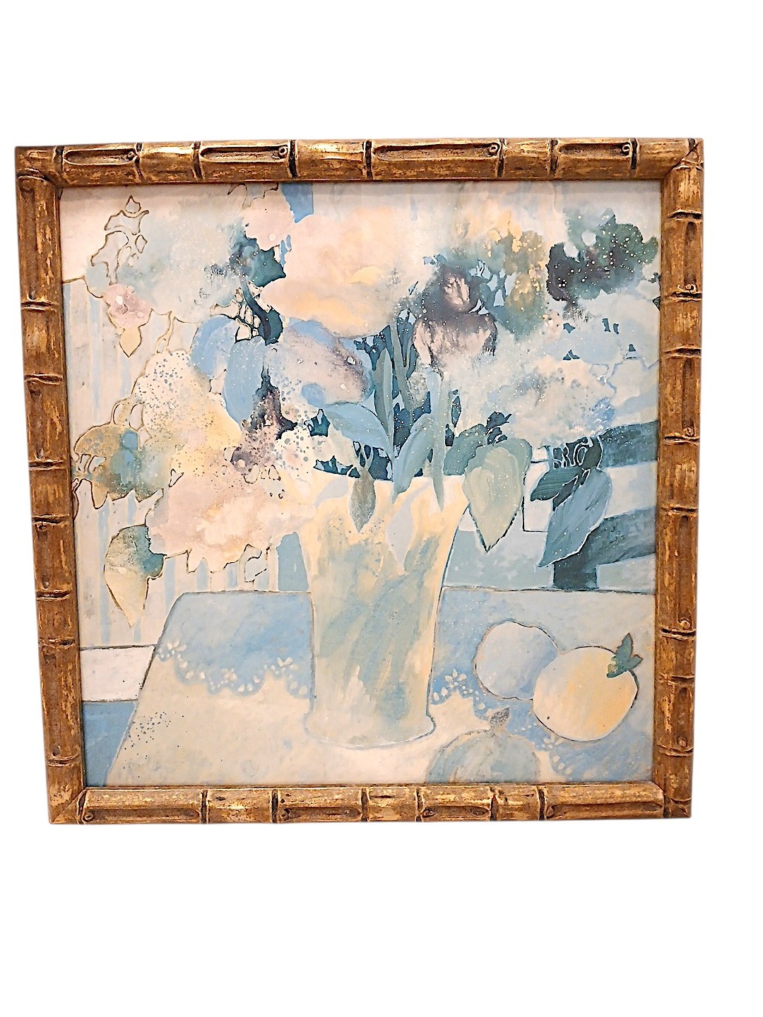 Watercolor Painting Abstract Lt Blue Floral Wood Bamboo Frame Hollywood Regency