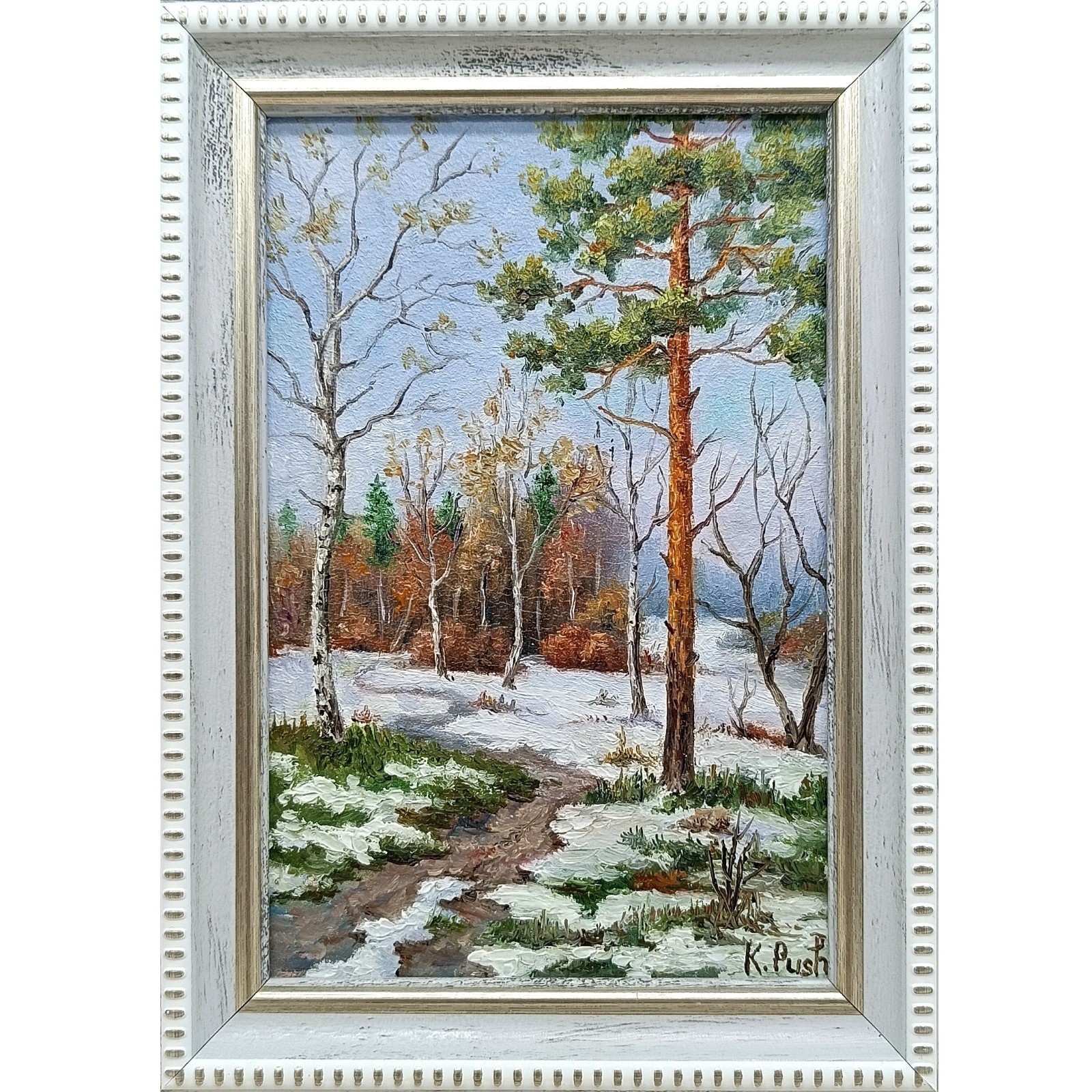 Winter Forest Landscape Oil Painting 4×6 Signed Framed mini Art Home Decor Gift