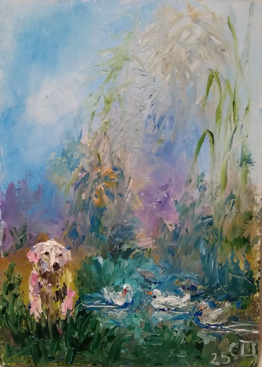 Painting «Labrador and ducks». Oil on cardboard. 5×7 inc. Handmade. 2025.