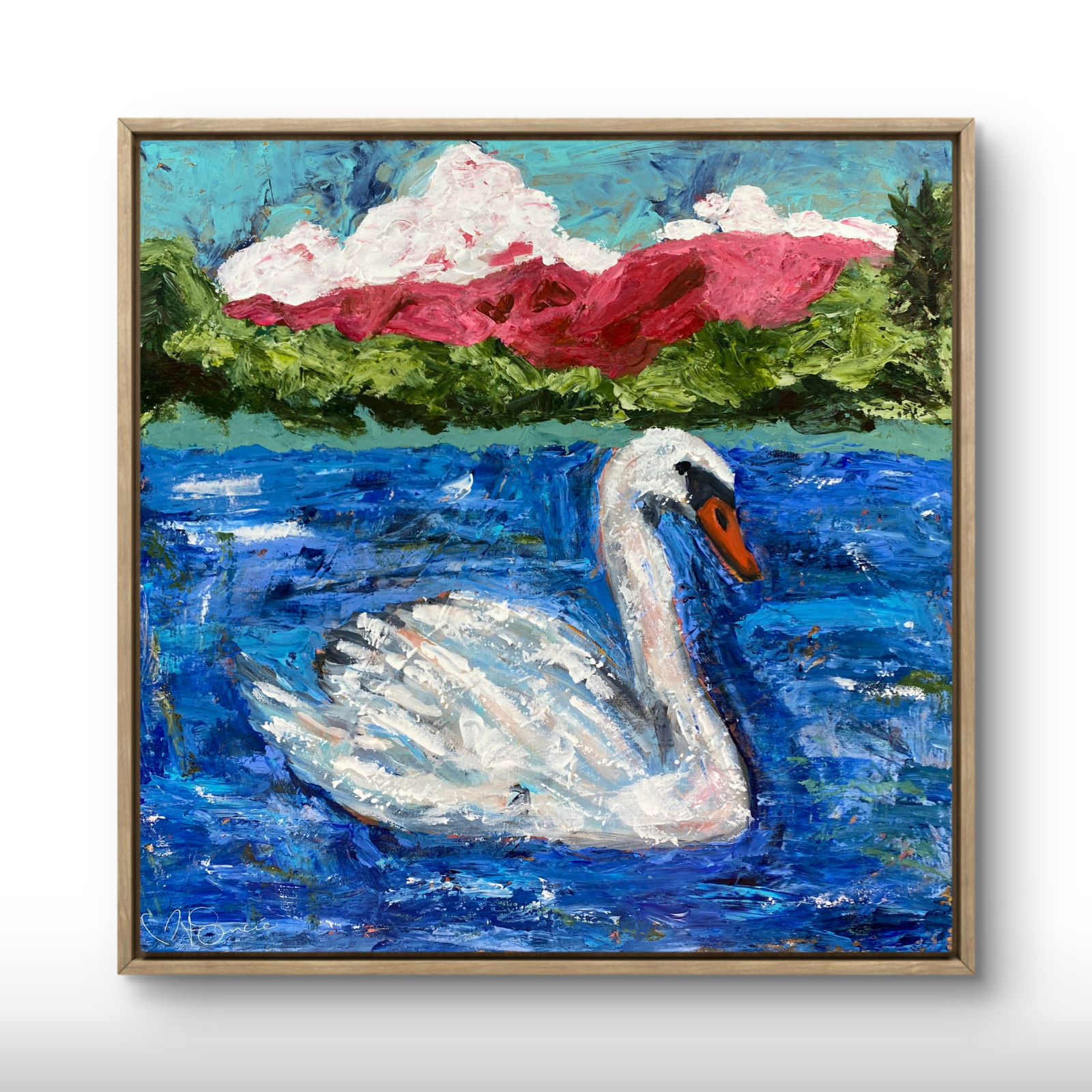 Muse Era Swan in Lake 20×20 Expressionist Original Abstract Canvas Painting