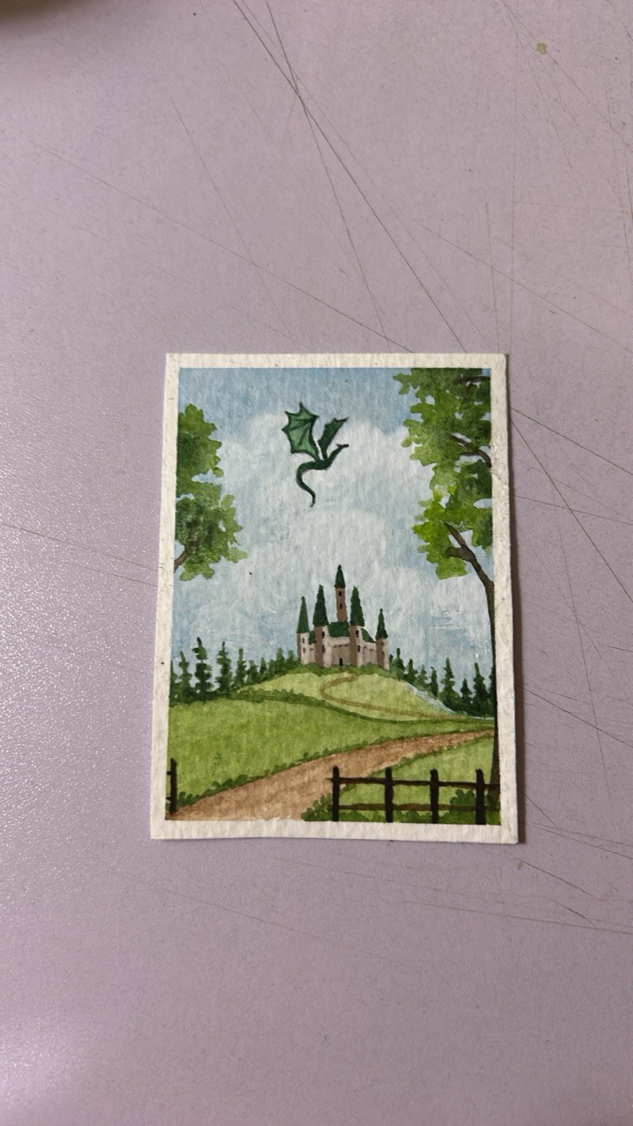 ACEO Original Watercolor Painting Dragon Castle Fantasy Art Trading Card ATC
