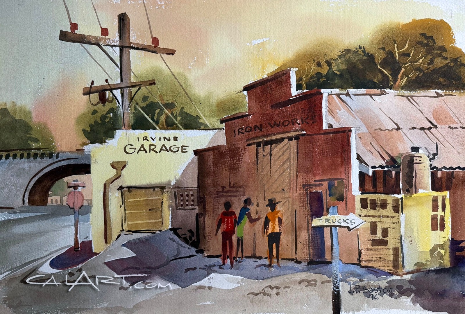 VINTAGE NARRATIVE PAINTING OLD TOWN IRVINE GARAGE & BLACKSMITH SHOP REGIONALIST