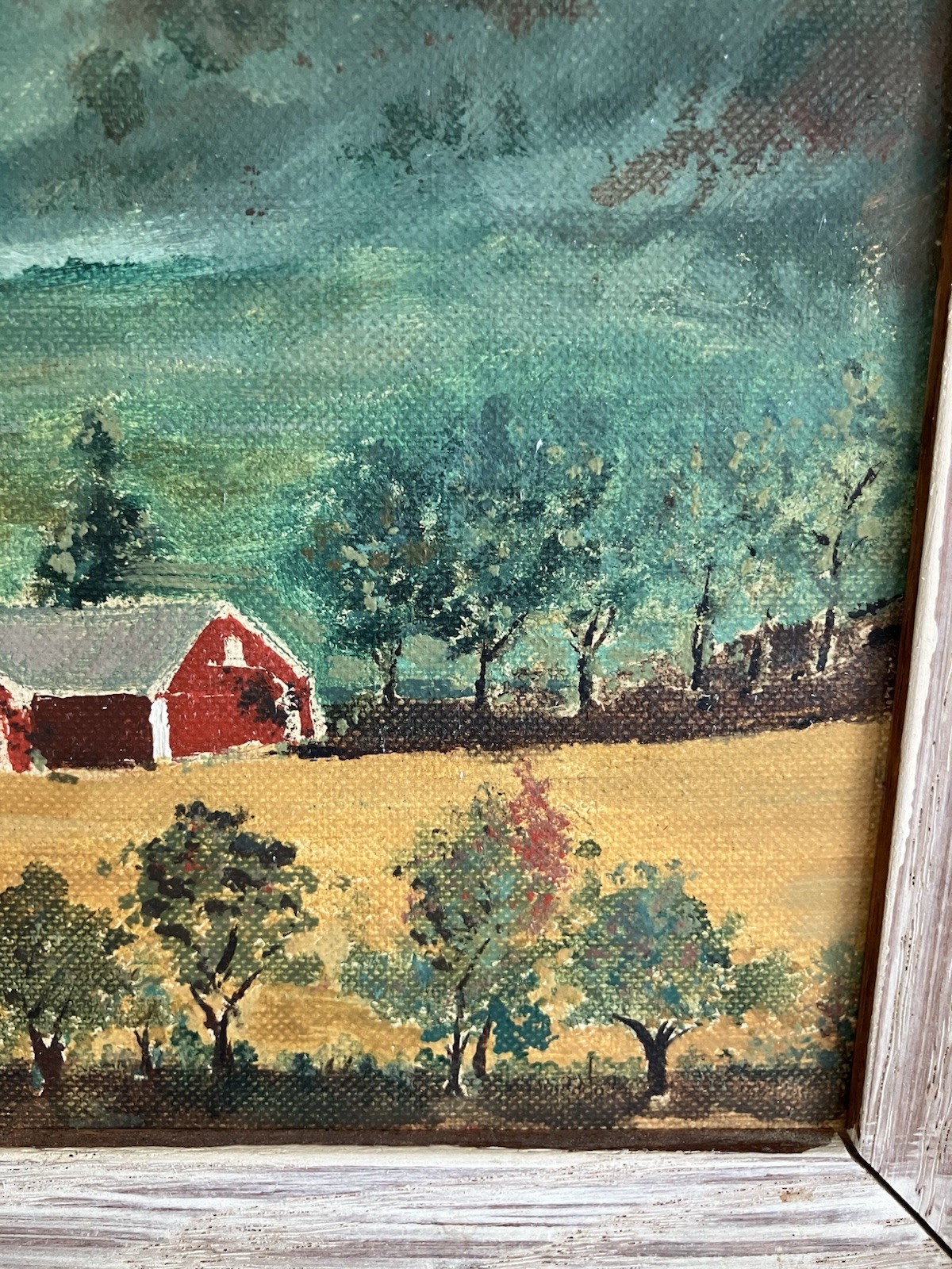 Vintage 50s Framed Primitive Folk Art Farm Barn Landscape Oil Painting 10×13