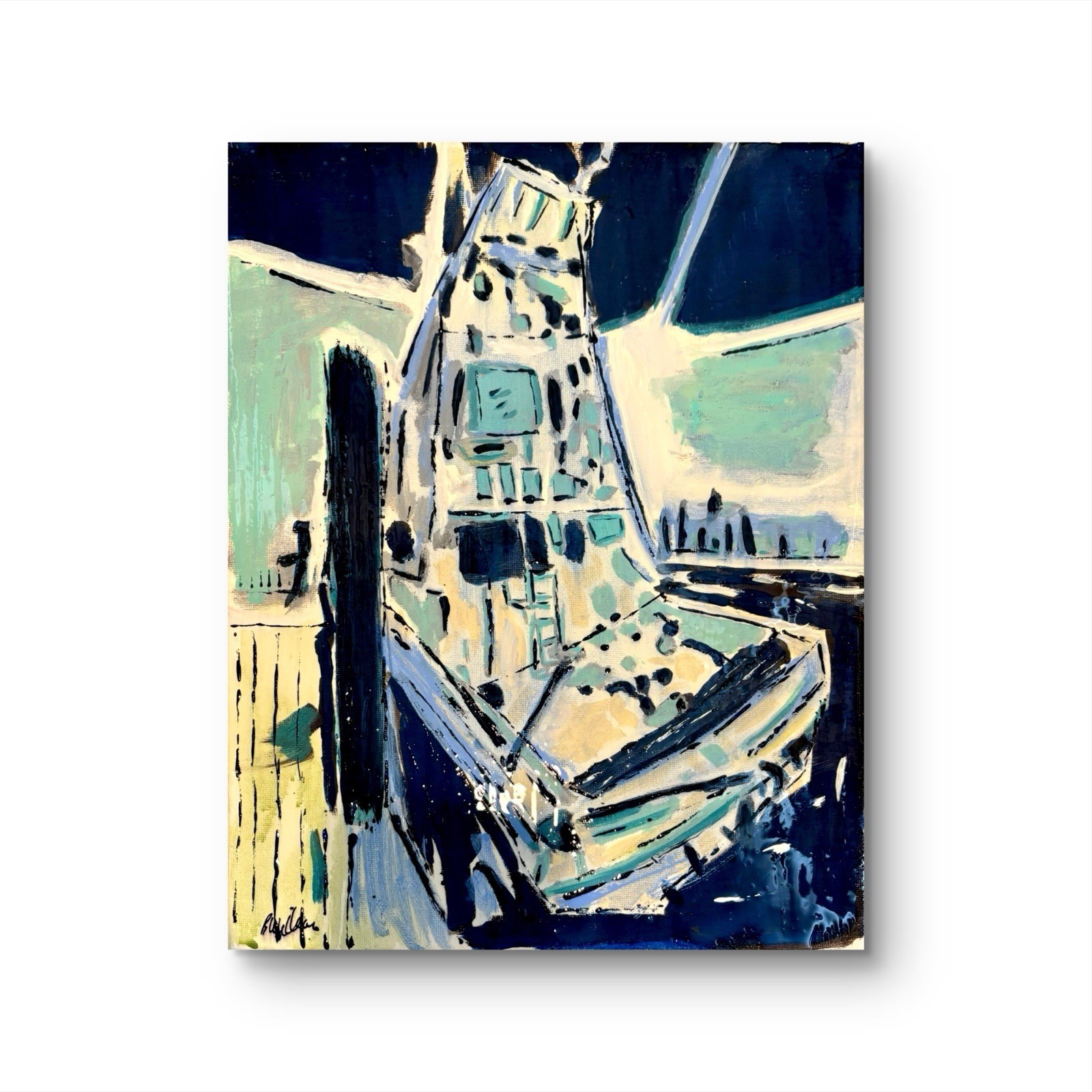 Fishing Boat 11×14 ABSTRACT ORIGINAL Canvas Signed Masculine Gift For Father