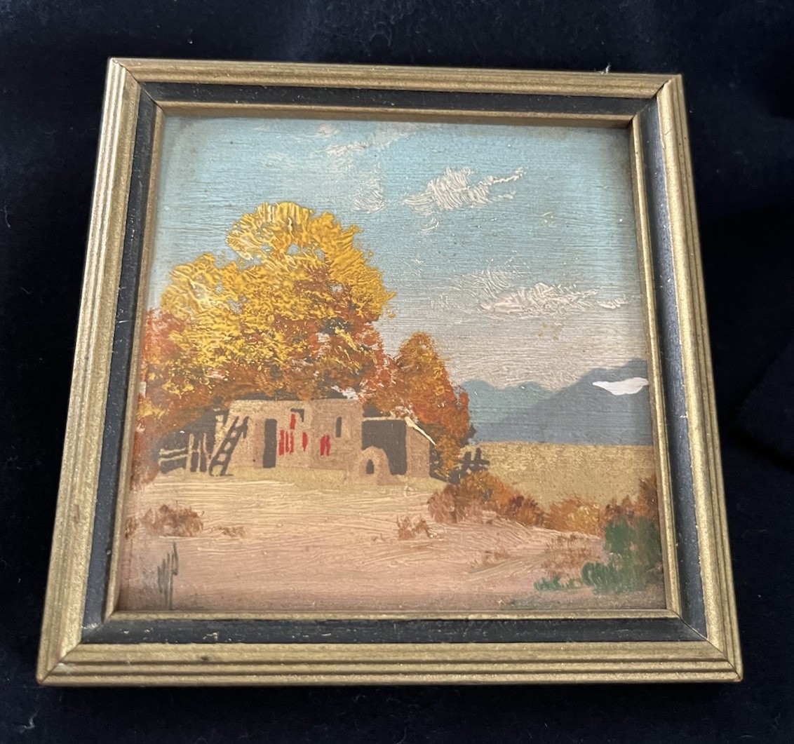 Vintage Willard Page original 4×3.75 In. , Adobe Hut oil painting-