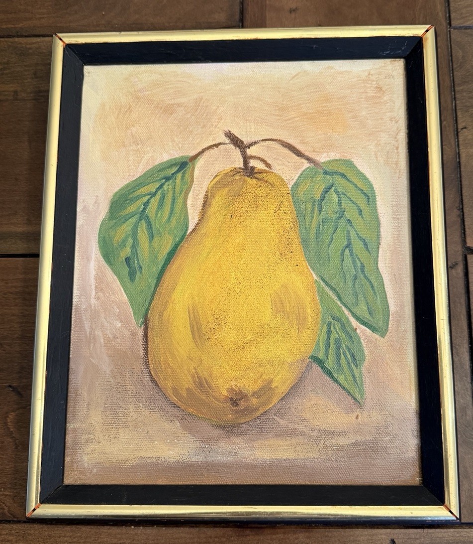Original Painting 9×11” Signed 2001 Gold Pear Leaf Fruit Still Life Black Frame