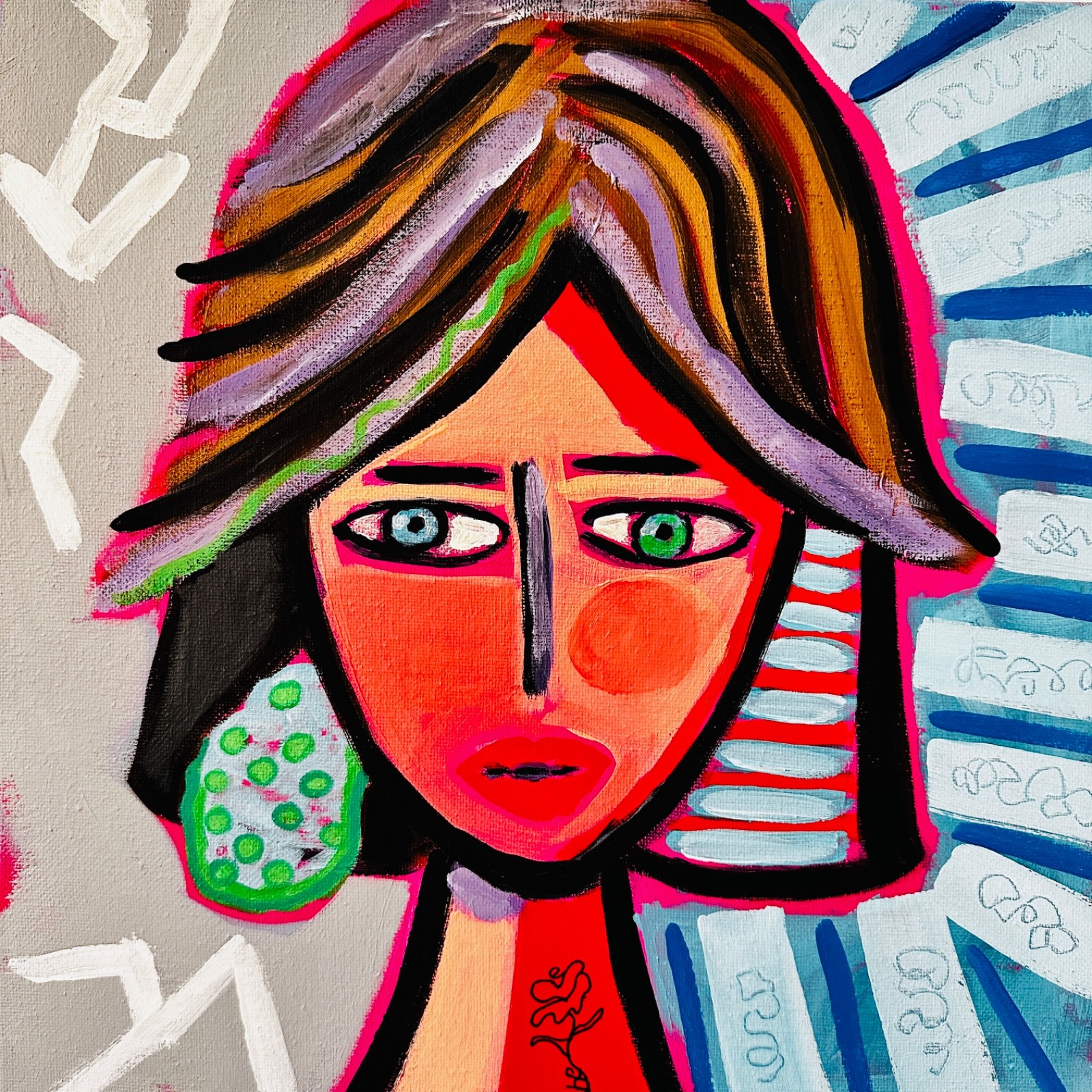 Original Painting Abstract Lady Face Rose Tattoo 12×12″ Canvas Blue & Green Eyes