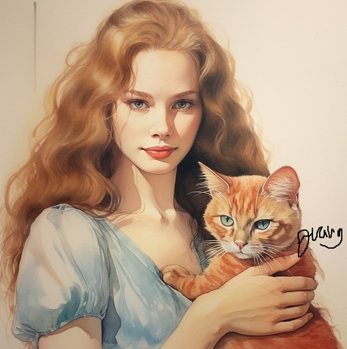Watercolor Cat Painting Art Print 1970s style 8.5 x11 INCLUDES 11X14 MATTING