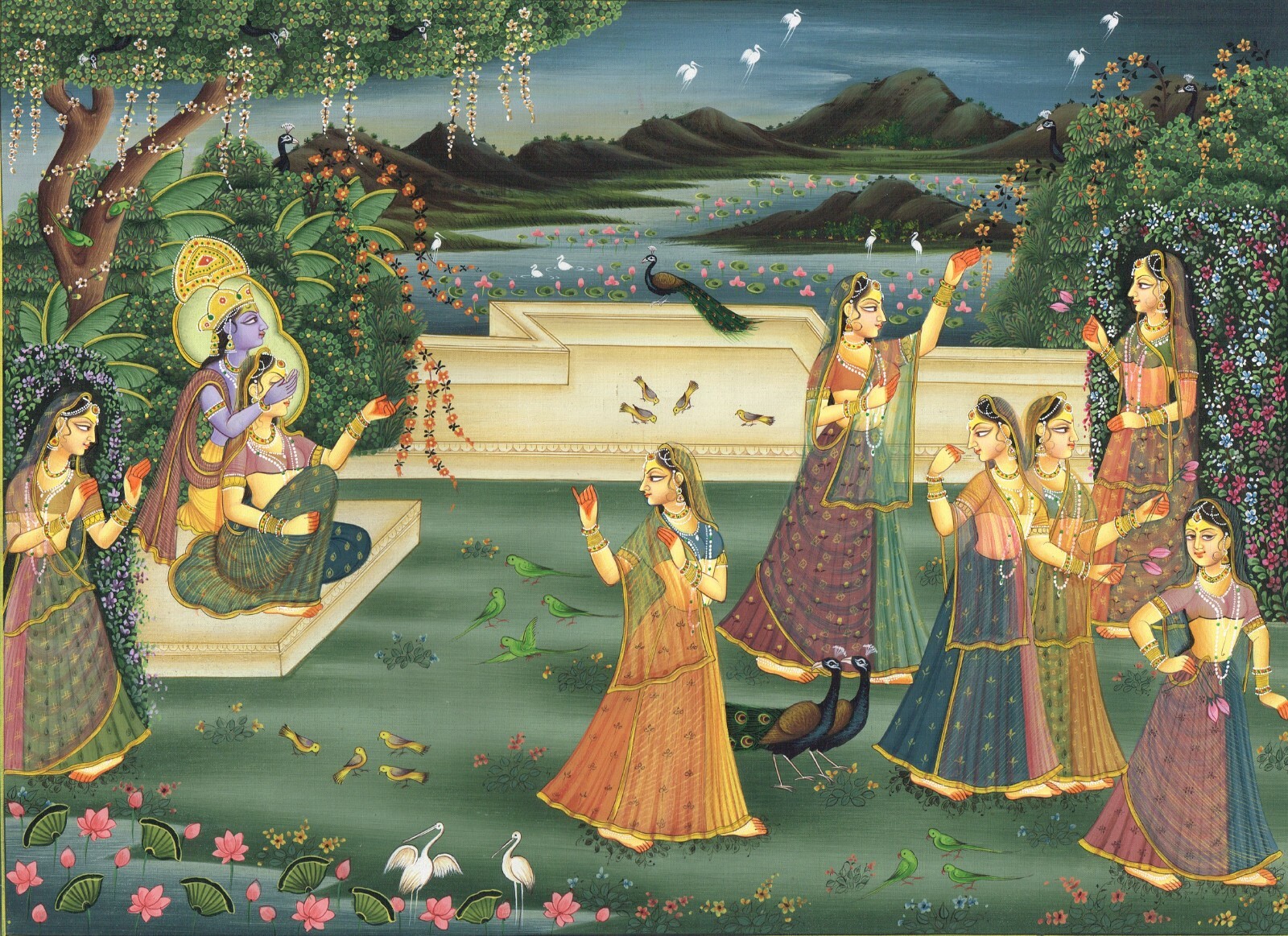 Radha Krishna Painting Hand Miniature Hindu Religious Art 17.5×13.5 Inches