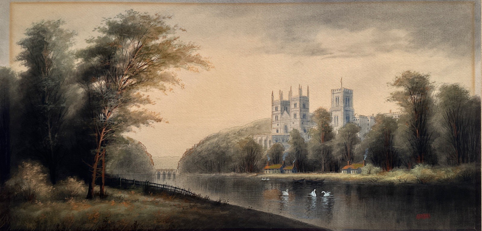 Antique 1910s Watercolor Painting Durham Cathedral Swans Signed Aarons 24”x12”