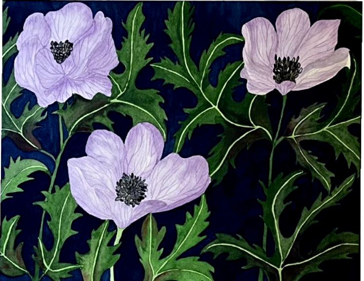 PAINTING WATERCOLOR POPPY FLOWER LAVENDER PURPLE 11X14 & DOUBLE WHITE MAT 16X20