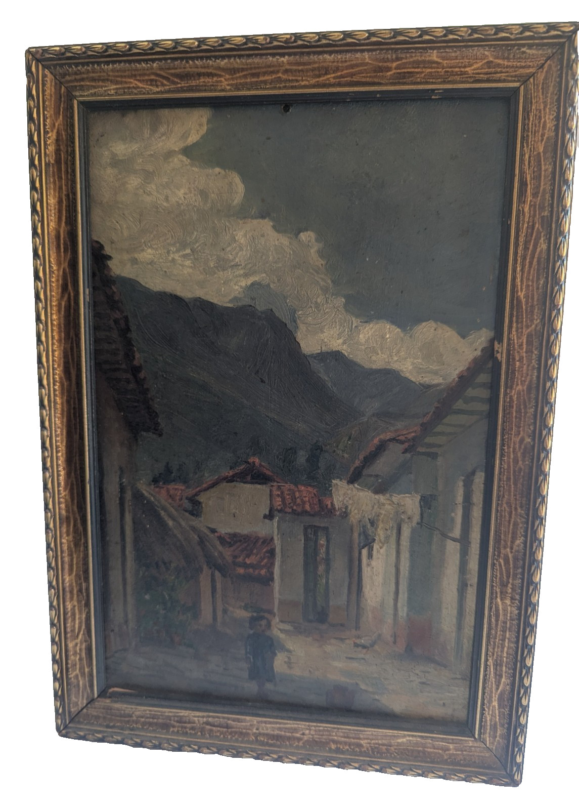 Vintage Mid Century Village Landscape Painting Oil Panel 9×13 Carved WdFrame #15