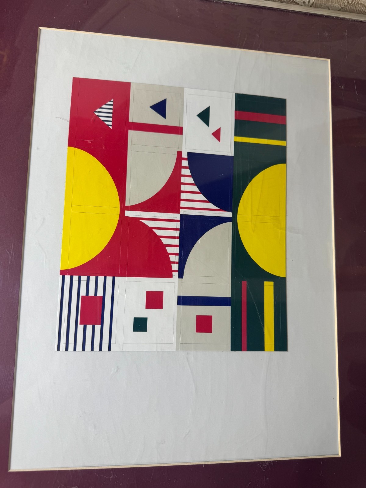 Vintage Geometric Abstract Mixed Media Composition Silver Tone Metal Framed