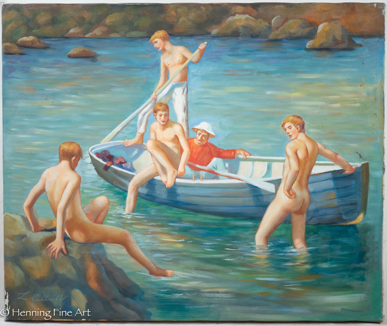 Beautiful Nude Male Oil Painting Coastal Beach Landscape Signed after Henry Tuke