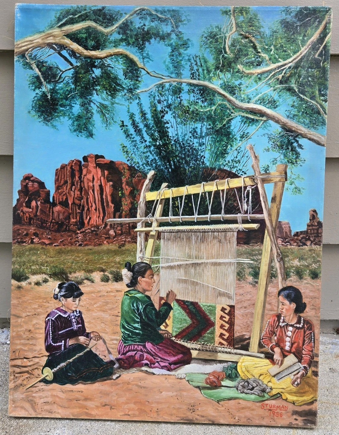 1956 Painting Navajo Women Weaving Blanket By STURMAN, small thin cut
