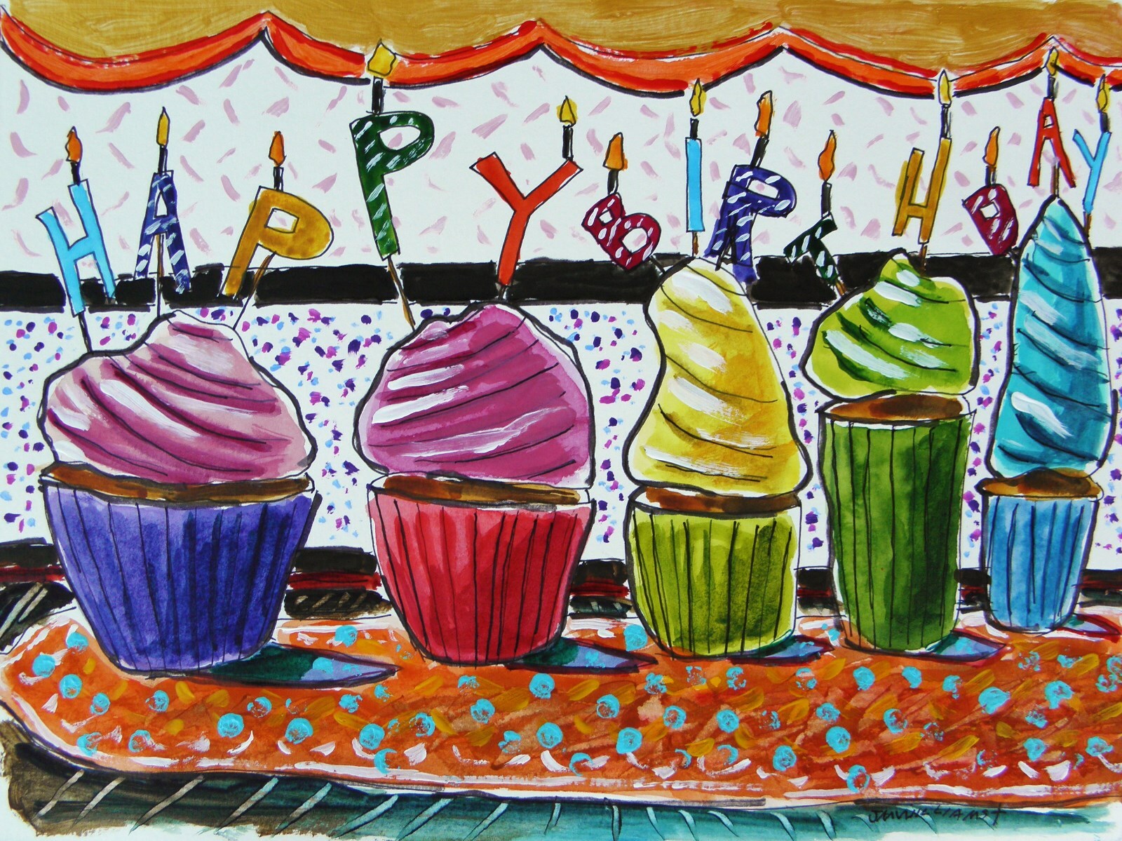 Original Bakery Sketch Cupcakes Birthday Food Watercolor Impressionism