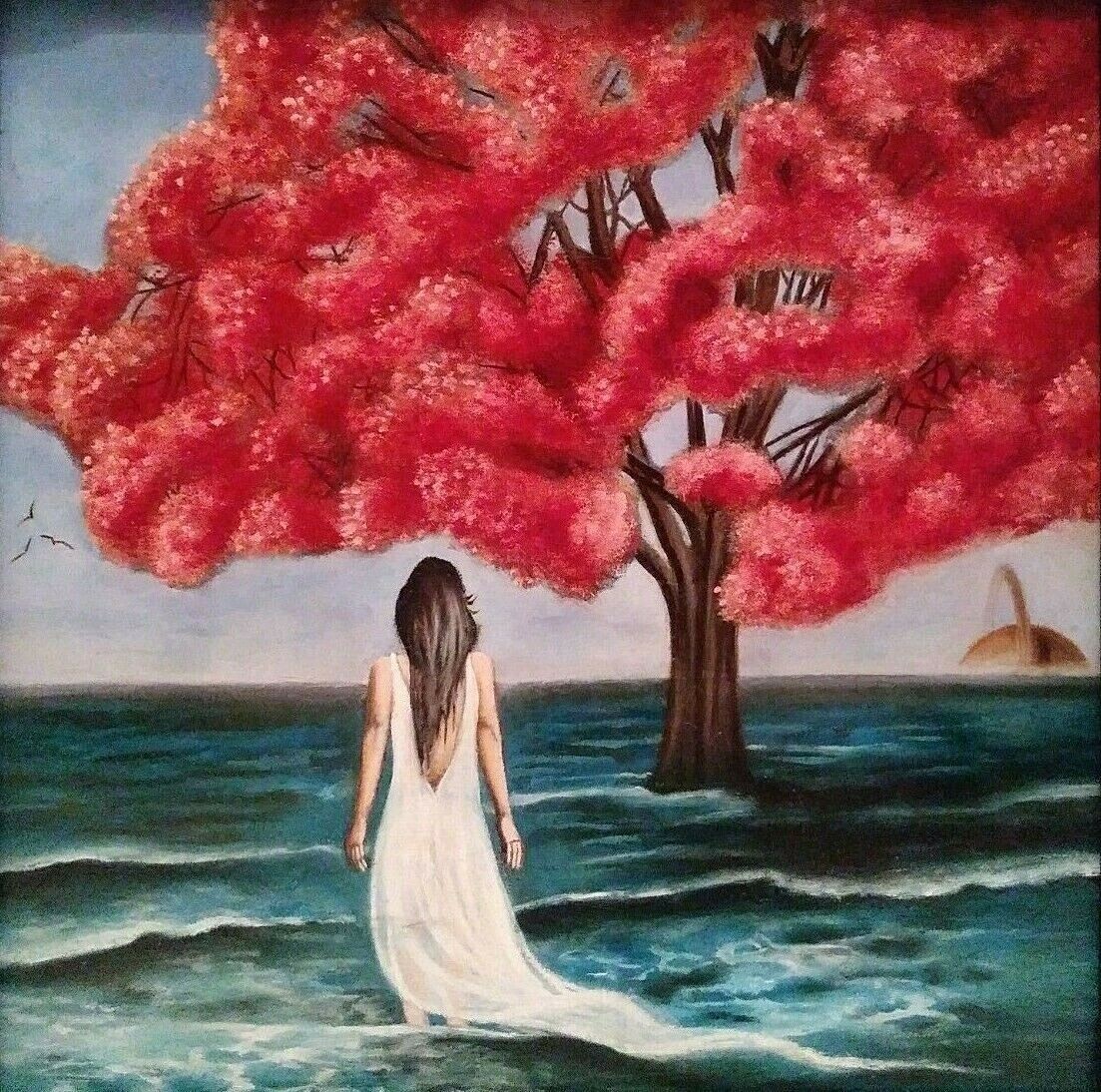AMERICAN JOSEPH WEINREB SURREAL SEASCAPE w/ WOMAN ORIGINAL OIL on BOARD A+ FRAME