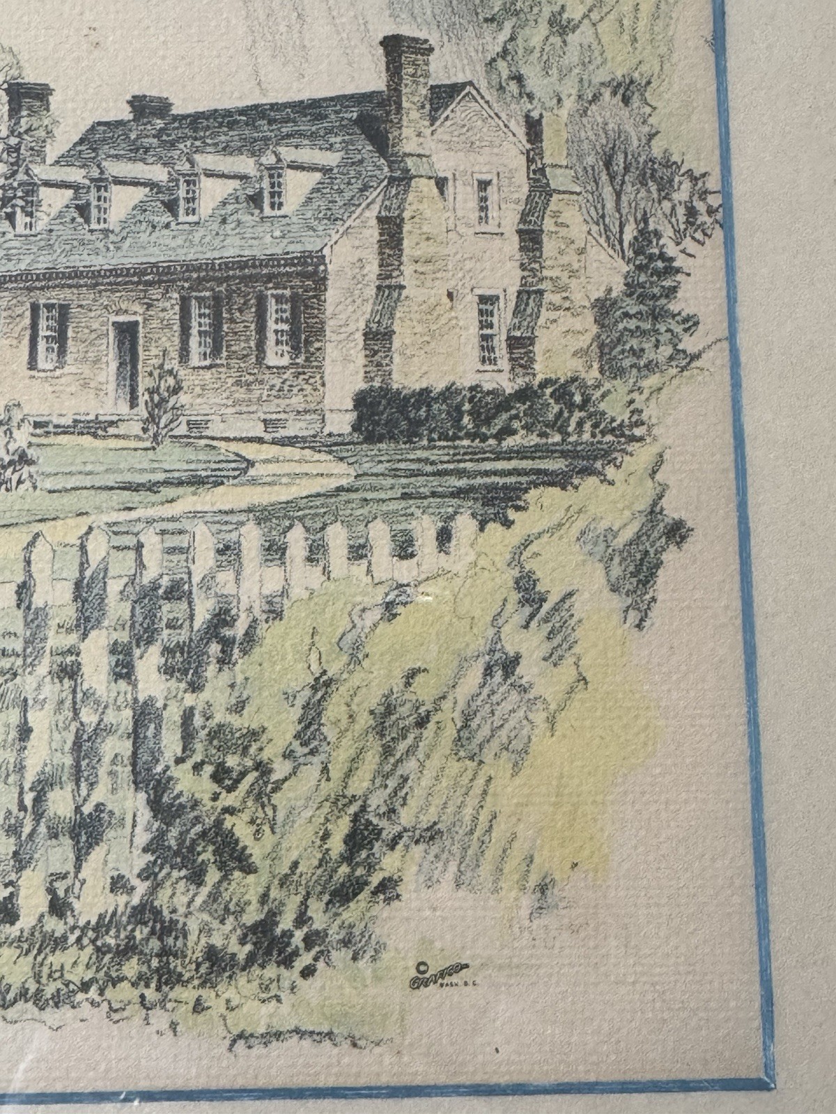 1932 Drawing Birthplace George Washington «Wakefield House» , Virginia. Signed