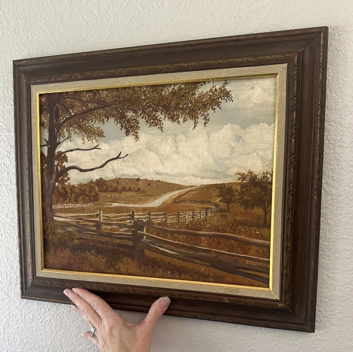 Original VTG 1959 Painting On Canvas Beautiful Countryside Landscape Signed 18”