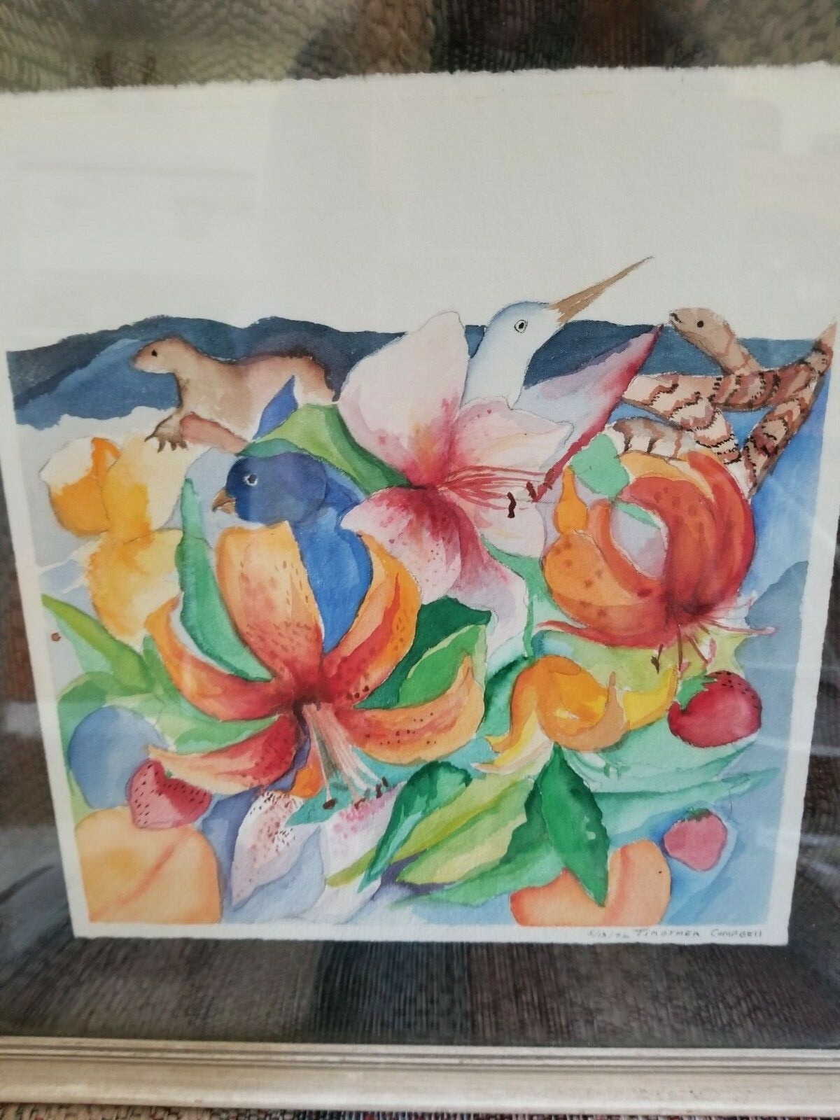 1972 Painting of Flowers & Animals By Timothea Campbell in Shabby Chic Frame