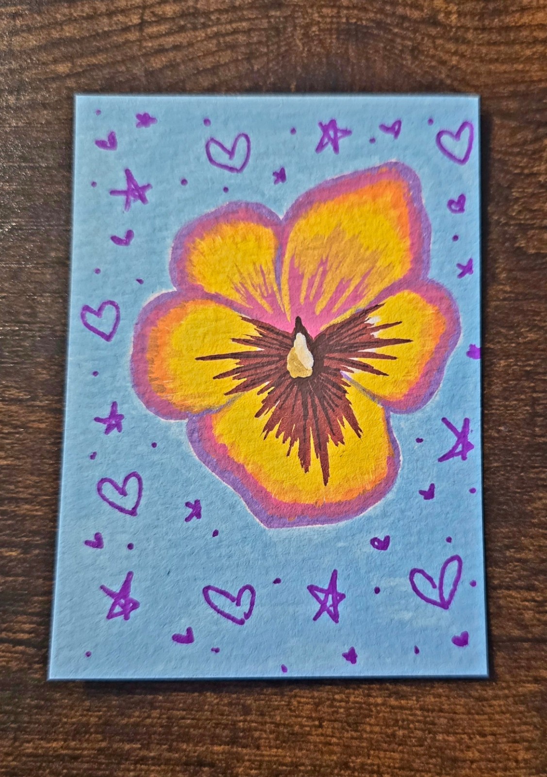 Original aceo painting, flower, pansy, spring, violet, cute, sparkle